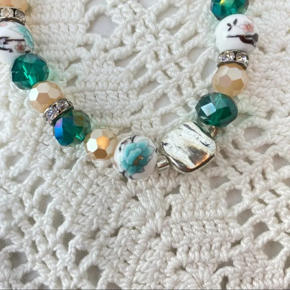 Floral Beaded Bracelet Rhinestone Silver Accents